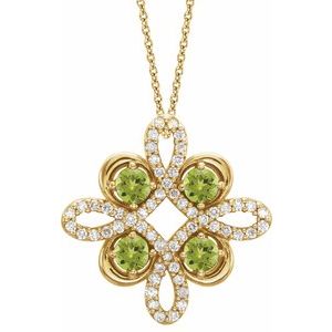 Collier trèfle 18 pouces en or 14 carats, péridot naturel jaune et diamants naturels (0,25 carat au total), orné d'un péridot naturel et de diamants naturels (0,05 carat au total).