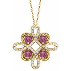 Collier trèfle 18 pouces en or jaune 14 carats, tourmaline rose naturelle et diamants naturels (0,25 carat au total), orné de tourmaline rose naturelle et de diamants naturels (0,175 carat au total).