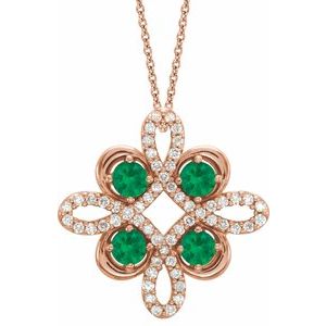 Collier trèfle 18 pouces en or rose 14 carats, émeraude de laboratoire et diamants (0,05 carat au total)