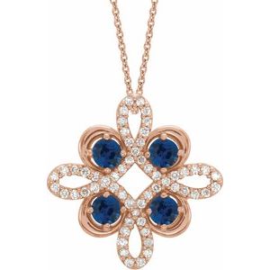 Collier trèfle 18 pouces (45,7 cm) en or rose 14 carats, saphir bleu naturel et diamants naturels (0,05 carat au total)