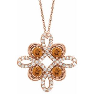 Collier trèfle 18 pouces en or rose 14 carats, citrine naturelle et diamants naturels (0,25 carat au total), 45,7 cm (18 pouces).