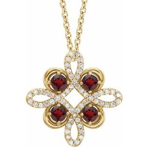Collier trèfle 18 pouces (45,7 cm) en or jaune 14 carats, grenat naturel du Mozambique et diamants naturels (0,25 carat au total)