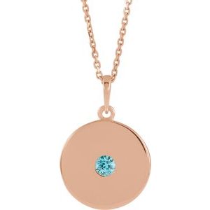 Collier en or rose 14 carats avec disque en zircon bleu naturel, 40-45 cm