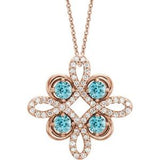 Collier trèfle 18 pouces en or rose 14 carats, zircon bleu naturel et diamants naturels (0,125 carat au total), 45,7 cm (18 pouces).