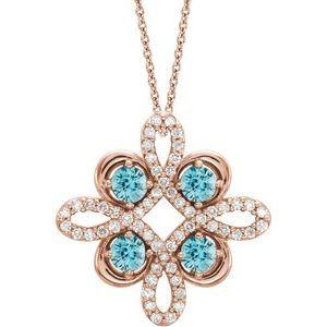 Collier trèfle 18 pouces en or rose 14 carats, zircon bleu naturel et diamants naturels (0,125 carat au total), 45,7 cm (18 pouces).