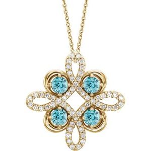 Collier trèfle 18 pouces en or jaune 14 carats, zircon bleu naturel et diamants naturels (0,1/8 carat au total), 45,7 cm (18 pouces).
