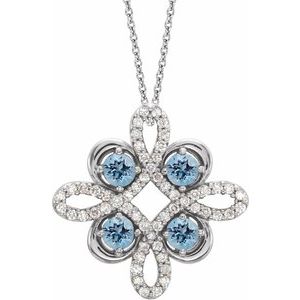 Collier en platine, aigue-marine naturelle et diamants naturels (0,25 carat au total), motif trèfle, 45,7 cm (18 pouces).