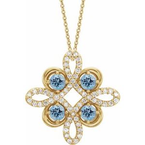 Collier trèfle en or jaune 14 carats, aigue-marine naturelle et diamants naturels (0,25 carat au total), 45,7 cm (18 pouces).
