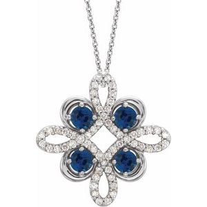 Collier trèfle 18 pouces (45,7 cm) en or blanc 14 carats, saphir bleu naturel et diamants naturels (0,05 carat au total)