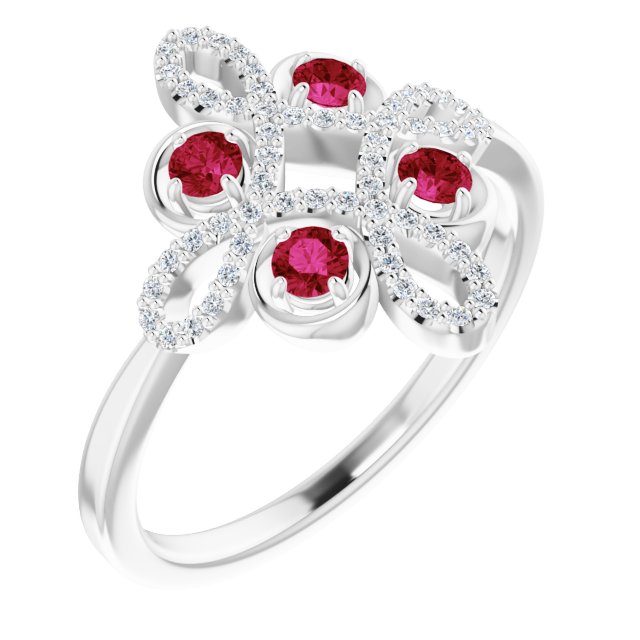 Bague en platine sertie d'un rubis naturel et de diamants naturels (0,125 carat au total), en forme de trèfle.