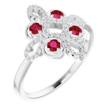 Bague trèfle semi-sertie en or 14 carats, rubis blanc naturel et diamants naturels (0,25 carat au total).