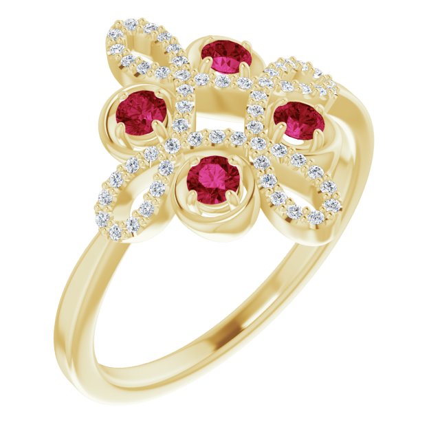 Bague trèfle semi-sertie en or jaune 14 carats, rubis naturel et diamants naturels (0,25 carat au total).