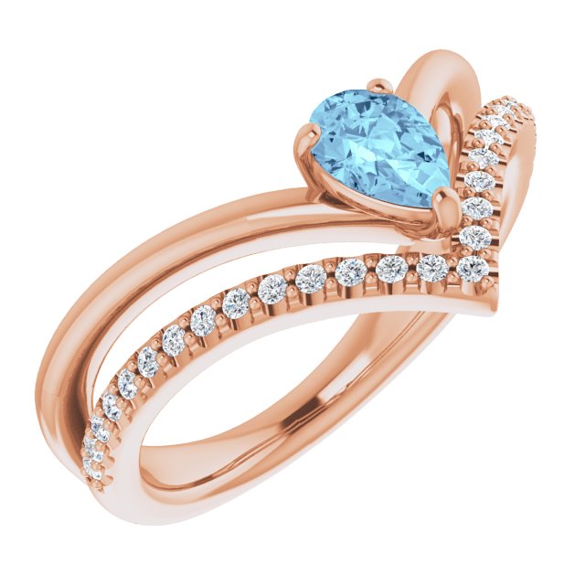 Bague en or rose 14 carats avec aigue-marine naturelle et diamants naturels (0,25 carat au total).