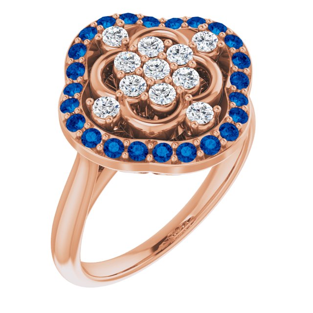 Bague en or rose 14 carats, saphir bleu naturel et diamants naturels (0,3 carat au total)