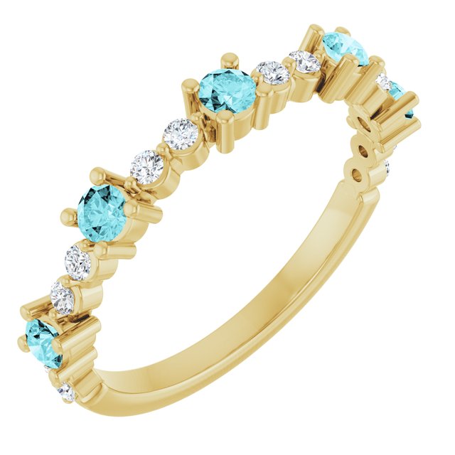 Bague en or jaune 14 carats avec zircon bleu naturel et diamants naturels (0,25 carat au total).