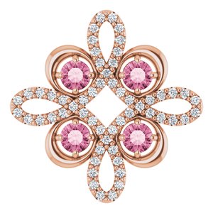 Pendentif trèfle en or rose 14 carats, tourmaline rose naturelle et diamants naturels (0,25 carat au total)