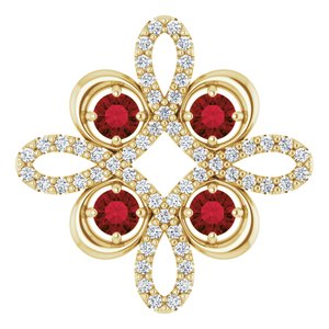 Pendentif trèfle en or jaune 14 carats, grenat naturel du Mozambique et diamants naturels (0,25 carat au total).