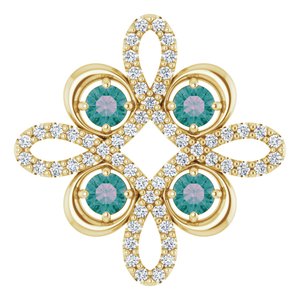 Pendentif trèfle en or jaune 14 carats, alexandrite de laboratoire et diamants (0,25 carat au total).