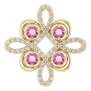 Pendentif trèfle en or jaune 14 carats, tourmaline rose naturelle et diamants naturels (0,25 carat au total)