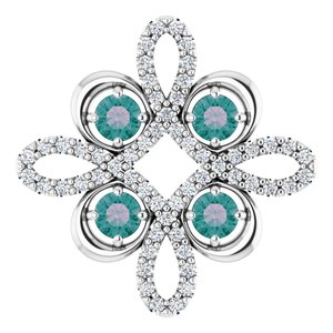 Pendentif trèfle en platine, alexandrite de laboratoire et diamants (0,25 carat au total)