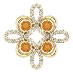 Pendentif trèfle en or 14 carats, citrine naturelle jaune et diamants naturels (0,25 carat au total).