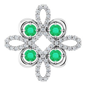 Pendentif trèfle en or 14 carats, orné d'une émeraude blanche de laboratoire et de diamants (0,25 carat au total).