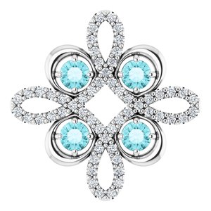 Pendentif trèfle en or blanc 14 carats, zircon bleu naturel et diamants naturels (0,25 carat au total).