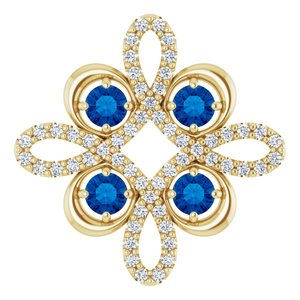 Pendentif trèfle en or jaune 14 carats, saphir bleu de laboratoire et diamants (0,25 carat au total).