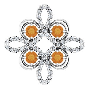 Pendentif trèfle en or 14 carats, citrine blanche naturelle et diamants naturels (0,25 carat au total).