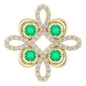 Pendentif trèfle en or 14 carats, orné d'une émeraude de laboratoire jaune et de diamants (0,25 carat au total).