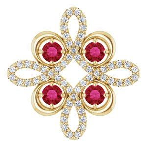 Pendentif trèfle en or jaune 14 carats, rubis naturel et diamants naturels (0,25 carat au total)