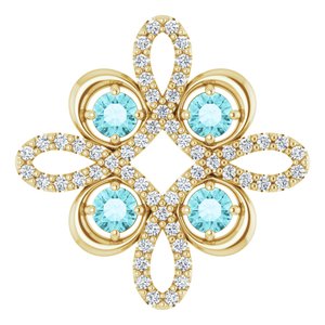 Pendentif trèfle en or jaune 14 carats, zircon bleu naturel et diamants naturels (0,25 carat au total).