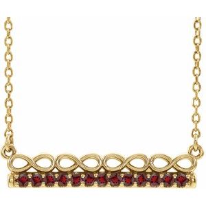 Collier barrette 18 pouces en or jaune 14 carats avec grenat naturel du Mozambique, motif infini