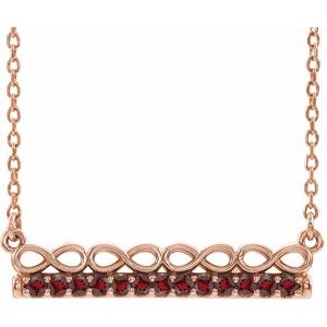 Collier barrette 16 pouces en or rose 14 carats et grenat naturel du Mozambique, inspiré de l'infini