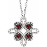 Collier trèfle en platine, grenat naturel du Mozambique et diamants naturels (0,25 carat au total), 45,7 cm (18 pouces).