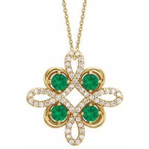 Collier trèfle 18 pouces (45,7 cm) en or jaune 14 carats, orné d'une émeraude de laboratoire et de diamants (0,05 carat au total).