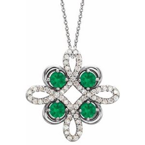 Collier trèfle en platine, émeraude naturelle et diamants naturels (0,25 carat au total), 45,7 cm (18 pouces).