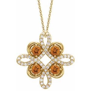 Collier trèfle 18 pouces en or 14 carats avec citrine naturelle jaune et diamants naturels (0,1/8 carat au total), 45,7 cm (18 pouces).