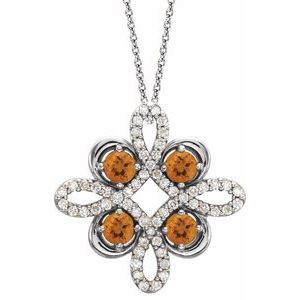 Collier trèfle en platine, citrine naturelle et diamants naturels (0,1/8 carat au total), 45,7 cm (18 pouces).