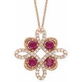 Collier trèfle 18 pouces en or rose 14 carats, rubis de laboratoire et diamants (0,05 carat au total), 45,7 cm (18 pouces).