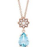 Collier en or rose 14 carats avec aigue-marine naturelle et diamants naturels (0,08 carat au total), 40-45 cm (16-18 pouces).