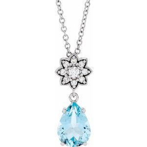 Collier en platine, aigue-marine naturelle et diamants naturels (0,08 carat au total), 40-45 cm