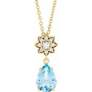 Collier en or 14 carats avec aigue-marine naturelle jaune et diamants naturels (0,08 carat au total), longueur 40-45 cm (16-18 pouces).