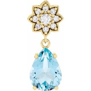 Pendentif floral en or 14 carats orné d'une aigue-marine naturelle et de diamants naturels (0,08 carat au total),