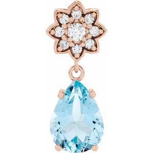 Pendentif d'inspiration florale en or rose 14 carats, aigue-marine naturelle et diamants naturels (0,08 carat au total).