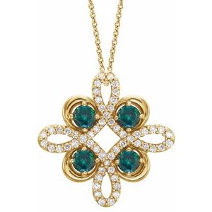 Collier trèfle 18 pouces (45,7 cm) en or jaune 14 carats, alexandrite de laboratoire et diamants (0,25 carat au total).