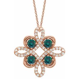 Collier trèfle 18 pouces en or rose 14 carats avec alexandrite de laboratoire et diamants (0,05 carat au total)