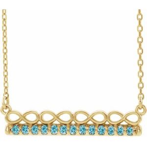 Collier barre 18 pouces en or jaune 14 carats avec zircon bleu naturel et motif infini