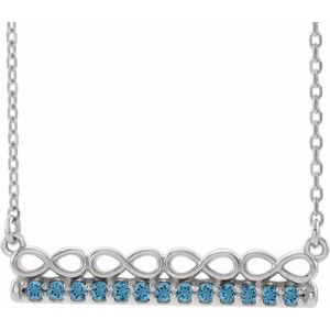 Collier en platine et aigue-marine naturelle inspiré de l'infini, barre de 40 cm (16 pouces).