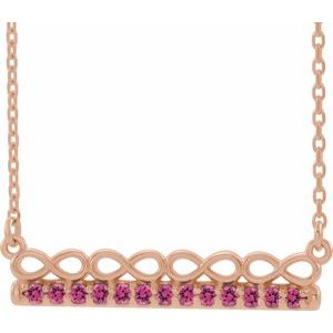 Collier 18 pouces en or rose 14 carats avec tourmaline rose naturelle et pendentif barre inspirée de l'infini
